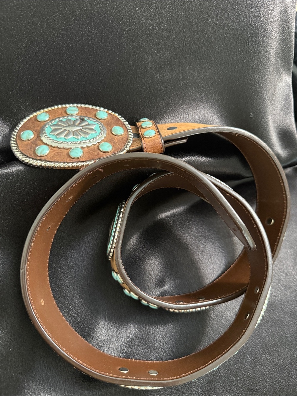 Brown Leather Belt with Turquoise Accent Concho